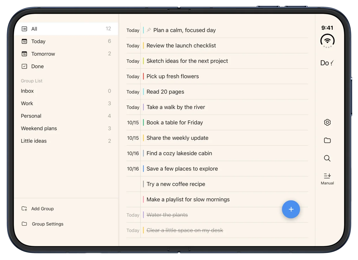 Do! on an unfolded iPhone Duo with groups and tasks side by side